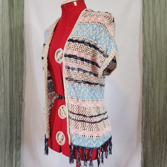Justice Brown Open Weave Tassles‎ Gold Metallic Thread Boho Cardigan Size 8/10 - Picture 2 of 5